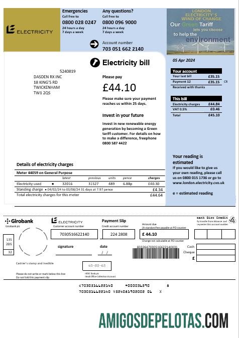 imprimível Modelo de fatura de serviços públicos de eletricidade do Reino Unido em formatos Word e PDF